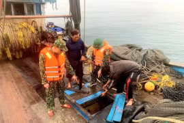 Đội tuần tra trên biển của Đồn biên phòng Đảo Trần kiểm tra tàu cá vi phạm. (Nguồn: TTXVN phát)