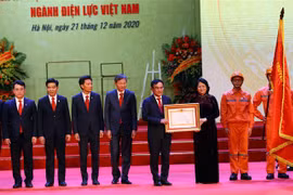 Phó Chủ tịch nước, Phó Chủ tịch Hội đồng thứ nhất Hội đồng Thi đua Khen thưởng Trung ương Đặng Thị Ngọc Thịnh trao danh hiệu Anh hùng Lao động thời kỳ đổi mới cho lãnh đạo EVN. (Ảnh: Huy Hùng/TTXVN)
