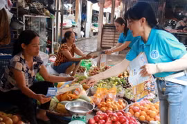 Phát tờ rơi, tuyên truyền chính sách bảo hiểm xã hội cho người dân thành phố Nam Định. (Ảnh: Nguyễn Lành/TTXVN)
