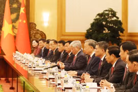 Tổng Bí thư, Chủ tịch nước Tô Lâm và Đoàn cấp cao Việt Nam tại cuộc hội đàm. (Ảnh: Trí Dũng/TTXVN)