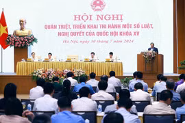 Thủ tướng Phạm Minh Chính chủ trì Hội nghị quán triệt, triển khai thi hành một số Luật, Nghị quyết của Quốc hội khóa 15. (Ảnh: Dương Giang/TTXVN)
