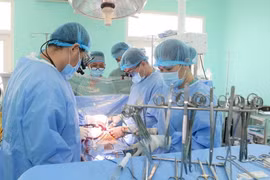 Êkip bác sỹ Bệnh viện Trung ương Huế (phải) chỉ đạo thực hiện ca ghép tạng “xuyên Việt” từ người cho chết não tại Bệnh viện Việt Nam-Thuỵ Điển ở Uông Bí, Quảng Ninh. (Ảnh: TTXVN phát)
