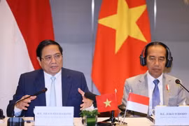 Thủ tướng Phạm Minh Chính và Tổng thống Indonesia Joko Widodo chủ trì Đối thoại doanh nghiệp cấp cao Việt Nam-Indonesia. (Ảnh: Dương Giang/TTXVN)