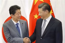 Chủ tịch Trung Quốc Tập Cận Bình (phải) và Thủ tướng Nhật Bản Shinzo Abe (trái) trong cuộc gặp bên lề Diễn đàn Kinh tế phương Đông (EEF) lần thứ 4 tại Vladivostok, Nga ngày 12/9. (Ảnh: AFP/TTXVN)