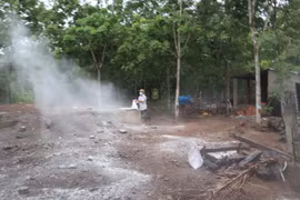 Cơ quan chức năng tiến hành các biện pháp tiêu độc, khử trừng tại nơi phát hiện dịch tả lợn châu Phi. (Ảnh: Đậu Tất Thành/TTXVN.)