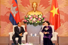 Chủ tịch Quốc hội Nguyễn Thị Kim Ngân đón, hội đàm với Chủ tịch Quốc hội Vương quốc Campuchia. (Ảnh: Trọng Đức/TTXVN)