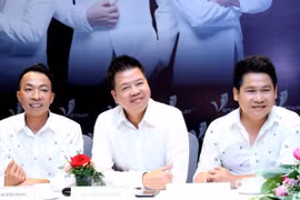 Tam ca Trọng Tấn - Đăng Dương - Việt Hoàn tại họp báo ra mắt chương trình tại Hà Nội. (Ảnh: BTC) 