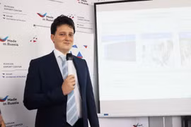 Ông Andrey Naryshkin, Giám đốc phát triển quốc tế Trung tâm xuất khẩu Nga phát biểu tại chương trình. (Ảnh: Xuân Anh/TTXVN)