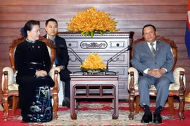 Quang cảnh buổi hội kiến của Chủ tịch Quốc hội Nguyễn Thị Kim Ngân với Chủ tịch Thượng viện Vương quốc Campuchia Samdech Say Chhum. (Ảnh: Trọng Đức/TTXVN)