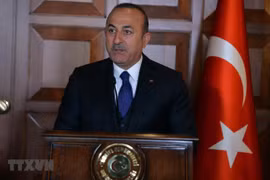 Ngoại trưởng Thổ Nhĩ Kỳ Mevlut Cavusoglu tại cuộc họp báo ở Ankara. (Ảnh: THX/TTXVN)