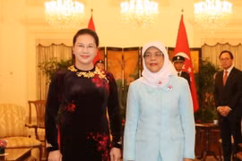 Chủ tịch Quốc hội Nguyễn Thị Kim Ngân đến chào xã giao Tổng thống Singapore Haliman Yacob. (Ảnh: Trọng Đức/TTXVN)