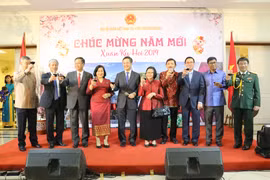 Đại sứ Phạm Vinh Quang và các vị khách nâng ly chúc mừng năm mới. (Ảnh: Đỗ Quyên/Vietnam+)