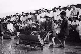 Chủ tịch Hồ Chí Minh đến thăm Sở Nông Lâm Hà Nội và sử dụng thử chiếc máy cấy tại ruộng thí nghiệm của Sở (7/1960). (Nguồn: TTXVN)