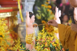 Hình ảnh các tăng, ni, Phật tử thực hiện nghi lễ Tắm Phật ở Vesak 2019