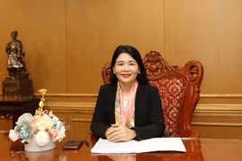 Bà Hà Thị Mỹ Dung, Phó Tổng Kiểm toán Nhà nước Việt Nam có cuộc trao đổi với báo chí về Tuyên bố Hà Nội (được thông qua tại Đại hội ASOSAI 14) với thông điệp chính: Kiểm toán môi trường vì sự phát triển bền vững. (Ảnh: Vietnam+)