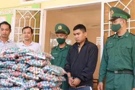 Đối tượng Hồ Trọng Hữu cùng tang vật thu giữ trong vụ bắt giữ pháo lậu ở xã Mỹ Quý Tây, Đức Huệ, tỉnh Long An. (Ảnh: Bùi Giang/TTXVN)
