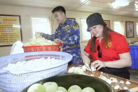 Chị Lê Tú Mỹ Liên, Kiều bào Hoa Kỳ, hào hứng giúp đỡ đoàn phục vụ trên tàu HQ 571 nhân chuyến thăm quần đảo Trường Sa, tháng Năm vừa qua. (Ảnh: Thu Phương/TTXVN)