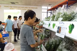 Người tiêu dùng lựa chọn các sản phẩm tại Trung tâm cung ứng nông sản, thực phẩm an toàn. (Ảnh: Thanh Tâm/Vietnam+) 