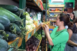 Người tiêu dùng mua hàng tại cửa hàng thực phẩm an toàn của Liên minh hợp tác xã Việt Nam. (Ảnh: Thanh Tâm/Vietnam+)