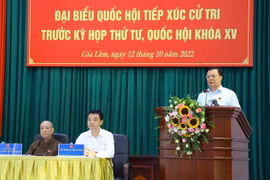 Bí thư Thành ủy Đinh Tiến Dũng phát biểu tại buổi tiếp xúc cử tri huyện Gia Lâm. (Ảnh: Văn Điệp/TTXVN)
