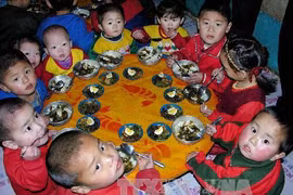 Các em bé Triều Tiên ăn trưa tại nhà trẻ ở huyện Yomju, tỉnh Bắc Pyongan. Ảnh minh họa. (Nguồn: AFP/TTXVN)