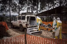Nhân viên y tế chuyển bệnh nhân nhiễm Ebola tại Butembo, Cộng hòa Dân chủ Congo. (Ảnh: AFP/TTXVN)