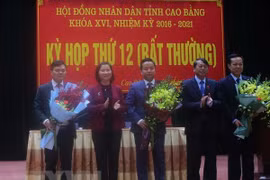 Lãnh đạo tỉnh Cao Bằng tặng hoa chúc mừng ông Lê Hải Hòa (đứng giữa). (Ảnh: Chu Hiệu/TTXVN)