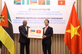 Thứ trưởng Bộ Ngoại giao Tô Anh Dũng trao tượng trưng vật tư y tế hỗ trợ Mozambique phòng, chống dịch Covid-19. (Ảnh: Văn Điệp/TTXVN)