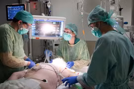 Nhân viên y tế điều trị cho bệnh nhân nhiễm COVID-19 tại bệnh viện Ixelles ở Brussels, Bỉ. (Ảnh: AFP/TTXVN)