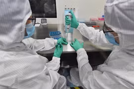 Thử nghiệm bộ dụng cụ xét nghiệm axit nucleic tại một công ty chế phẩm vi sinh ở thành phố Thành Đô, tỉnh Tứ Xuyên, Trung Quốc. (Ảnh: THX/TTXVN)