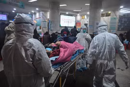 Nhân viên y tế chuyển bệnh nhân nhiễm virus corona mới gây bệnh viêm phổi tới bệnh viện ở Vũ Hán, tỉnh Hồ Bắc, Trung Quốc. (Ảnh: AFP/TTXVN)