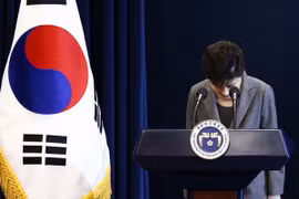 Tổng thống Park Geun-hye xin lỗi người dân trong bài phát biểu trực tiếp trên truyền hình về vụ bê bối chính trị liên quan đến người bạn thân Choi Soon-sil, tại Seoul ngày 29/11. (Nguồn: AP/TTXVN)