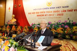 Tổng Bí thư Nguyễn Phú Trọng, Bí thư Quân ủy Trung ương phát biểu tại Đại hội Đại biểu toàn quốc Hội Cựu chiến binh Việt Nam. (Ảnh: Trí Dũng/TTXVN)