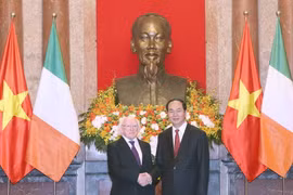 Chủ tịch nước Trần Đại Quang và Tổng thống Michael D. Higgins tại lễ đón. (Ảnh: Nhan Sáng/TTXVN)