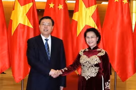 Chủ tịch Quốc hội Nguyễn Thị Kim Ngân đón tiếp Chủ tịch Quốc hội Trung Quốc Trương Đức Giang. (Ảnh: Trọng Đức/TTXVN)