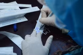 Nhân viên y tế ghi thông tin người dân vào mẫu xét nghiệm. (Ảnh: Văn Dũng/TTXVN)
