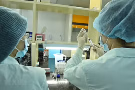 Nhân viên Công ty trách nhiệm hữu hạn một thành viên vaccine và Sinh phẩm số 1 (VABIOTECH) thử nghiệm định lượng protein trong vaccine ngừa COVID-19. (Ảnh: Minh Quyết/TTXVN)