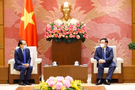 Chủ tịch Quốc hội Vương Đình Huệ với Đại sứ Chay Navuth tại buổi tiếp. (Ảnh: Doãn Tấn/TTXVN)