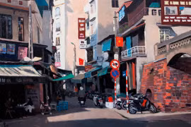 Nghệ sỹ Phạm Luận vẽ ‘Hà Nội nắng.’ (Ảnh: Cục Mỹ thuật, Nhiếp ảnh và Triển lãm)