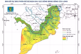 Bản đồ dự báo phân bố độ mặn khu vực Đồng bằng sông Cửu Long. (Nguồn: Trung tâm Dự báo Khí tượng thủy văn quốc gia)