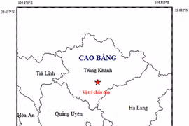 Bản đồ tâm chấn động đất xảy ra tại huyện Trùng Khánh, tỉnh Cao Bằng. (Nguồn: Viện VLĐC)