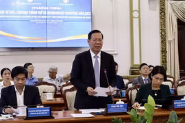 Chủ tịch Ủy ban Nhân dân Thành phố Hồ Chí Minh Phan Văn Mãi phát biểu tại cuộc gặp gỡ doanh nghiệp Singapore. (Ảnh: Xuân Anh/TTXVN)