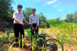 Em Phạm Thị Hoài Phương và Lê Tuấn Kiệt với máy cày điện để làm cỏ, bón phân. (Ảnh: Nguyên Linh/TTXVN)