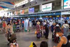Hành khách làm thủ tục gửi hành lý, kiểm tra vé trước giờ ra tàu bay tại sân bay Đà Nẵng.(Ảnh: Trần Lê Lâm/TTXVN)
