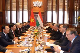 Tổng Bí thư Nguyễn Phú Trọng hội đàm với Thủ tướng Hungary Viktor Orban. (Ảnh: Trí Dũng/TTXVN)