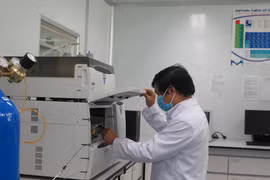 Một khâu trong kiểm định chất lượng vaccine Covivac. (Ảnh: Phan Sáu/TTXVN)