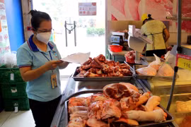 Tình nguyện viên đi chợ giúp người dân mua hàng hóa, thực phẩm trong những ngày thực hiện giãn cách xã hội theo yêu cầu ai ở đâu ở yên đó. (Ảnh: Thanh Vũ/TTXVN)
