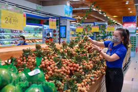 Những trái vải thiều do VietnamPost vận chuyển được đưa vào một hệ thống siêu thị trên địa bàn Hà Nội. (Ảnh: Minh Sơn/Vietnam+) 
