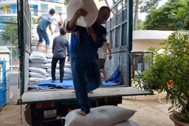 Ủy ban nhân dân phường 7 thành phố Vũng Tàu huy động lực lượng từ Ban chỉ huy Quân sự phường, các đoàn thể tiếp nhận gạo. (Ảnh: TTXVN phát)