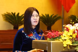 Chủ nhiệm Ủy ban Tư pháp của Quốc hội Lê Thị Nga trình bày Báo cáo thẩm tra các Báo cáo công tác nhiệm kỳ 2016-2021 của Tòa án nhân dân tối cao, Viện kiểm sát nhân dân tối cao. (Ảnh: Doãn Tấn/TTXVN